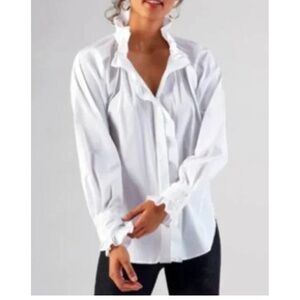 Finley Frankie Silky Poplin Button Up Top Ruffle Ruched Long Sleeve Blouse White